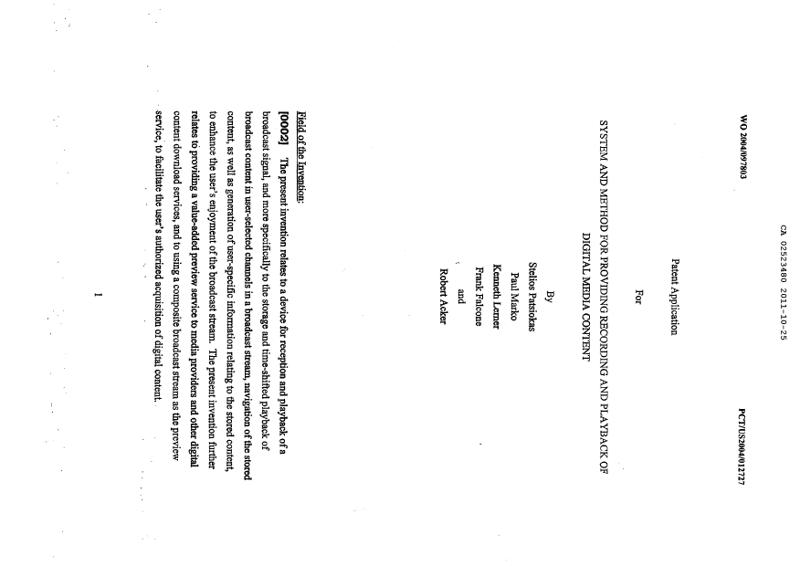 Canadian Patent Document 2523480. Description 20111025. Image 1 of 49