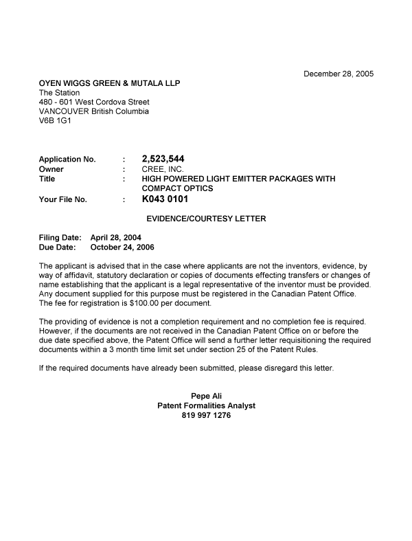 Canadian Patent Document 2523544. Correspondence 20051220. Image 1 of 1