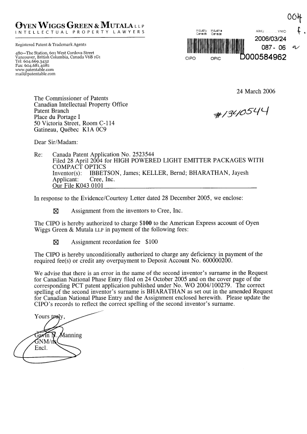 Document de brevet canadien 2523544. Cession 20060324. Image 1 de 5