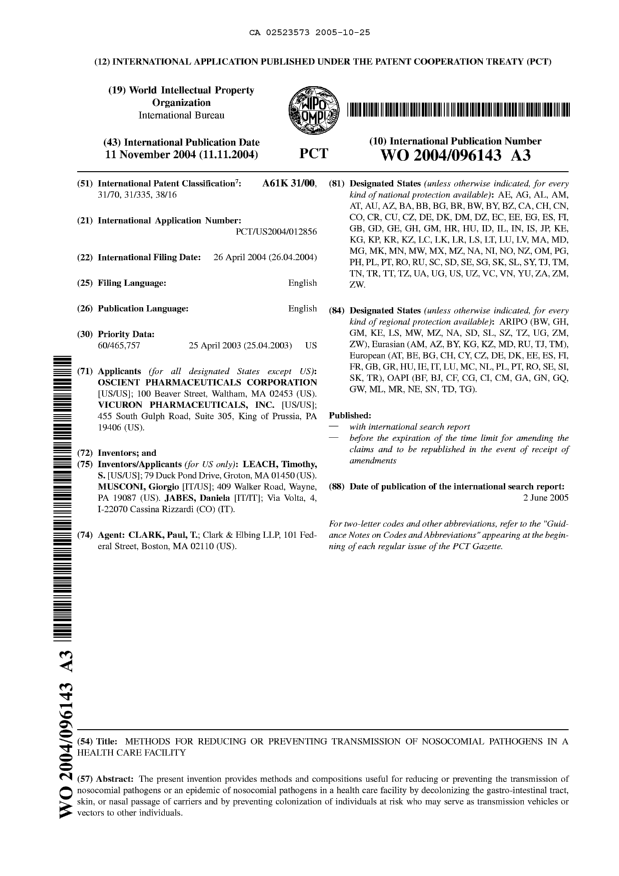 Document de brevet canadien 2523573. Abrégé 20051025. Image 1 de 1