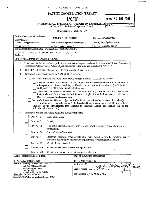 Document de brevet canadien 2523573. PCT 20051026. Image 1 de 3