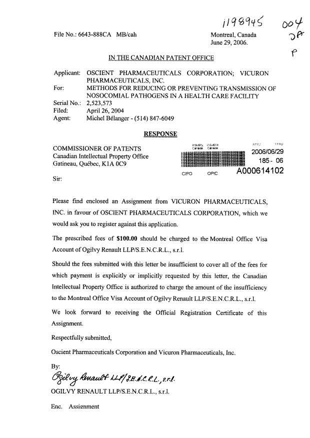 Document de brevet canadien 2523573. Cession 20060629. Image 1 de 6