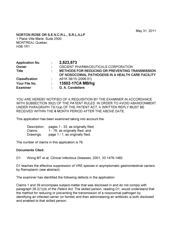 Document de brevet canadien 2523573. Poursuite-Amendment 20110531. Image 1 de 2