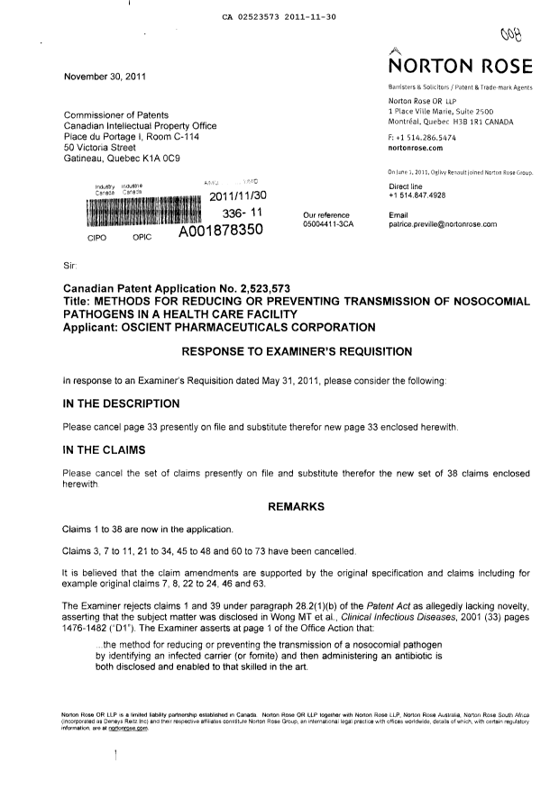 Document de brevet canadien 2523573. Poursuite-Amendment 20111130. Image 1 de 10