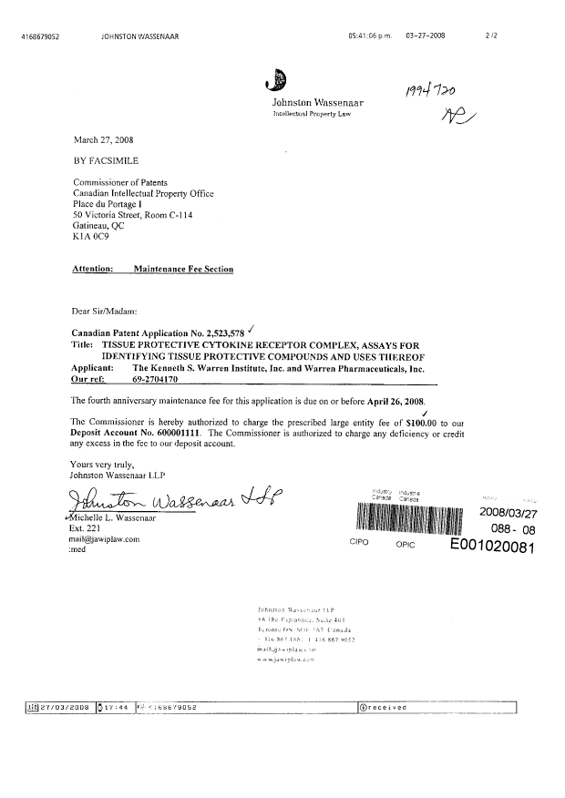 Canadian Patent Document 2523578. Fees 20080327. Image 1 of 1