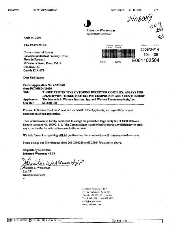 Canadian Patent Document 2523578. Prosecution-Amendment 20090414. Image 1 of 2