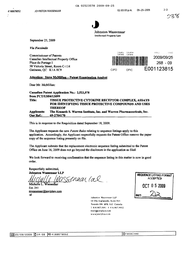 Canadian Patent Document 2523578. Prosecution-Amendment 20090925. Image 1 of 2