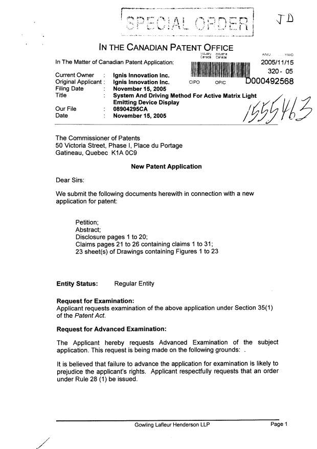 Document de brevet canadien 2523841. Cession 20051115. Image 1 de 9