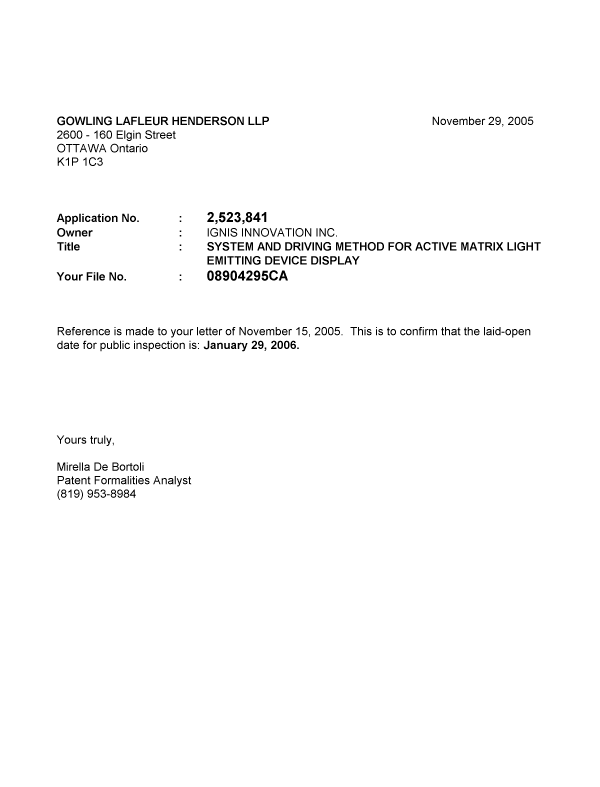 Canadian Patent Document 2523841. Correspondence 20051129. Image 1 of 1