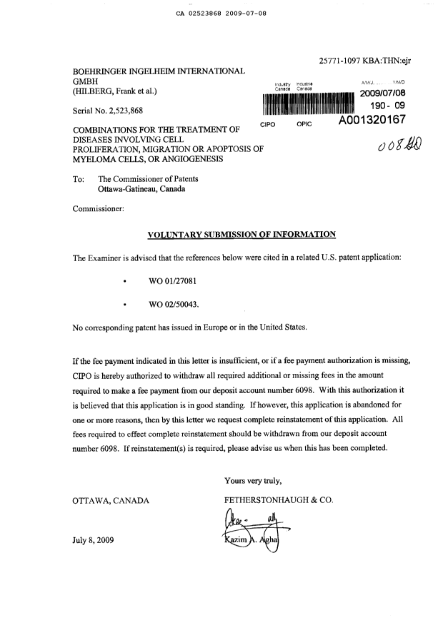 Canadian Patent Document 2523868. Prosecution-Amendment 20090708. Image 1 of 1