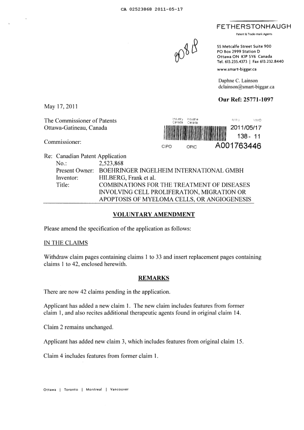Canadian Patent Document 2523868. Prosecution-Amendment 20110517. Image 1 of 13