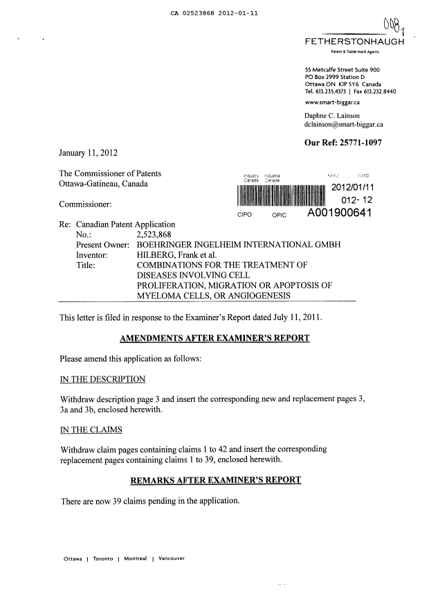 Canadian Patent Document 2523868. Prosecution-Amendment 20120111. Image 1 of 13