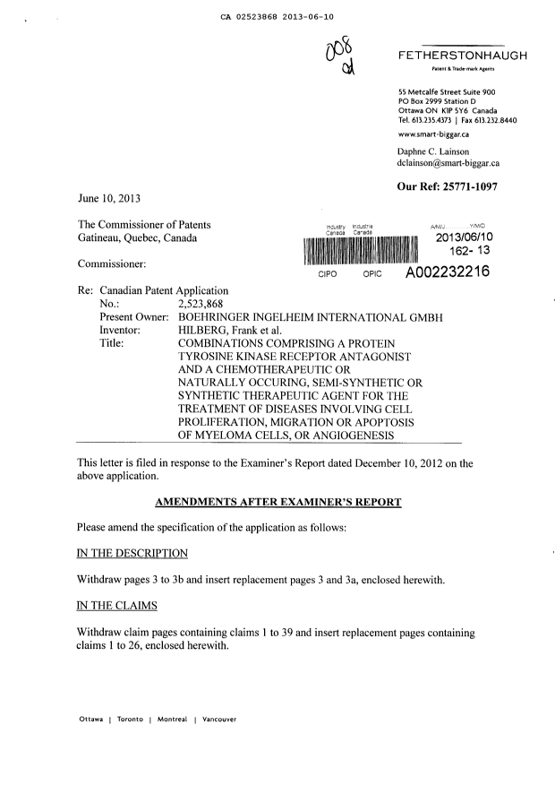 Canadian Patent Document 2523868. Prosecution-Amendment 20130610. Image 1 of 11