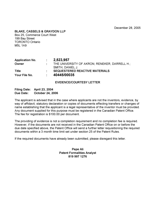 Canadian Patent Document 2523957. Correspondence 20051221. Image 1 of 1