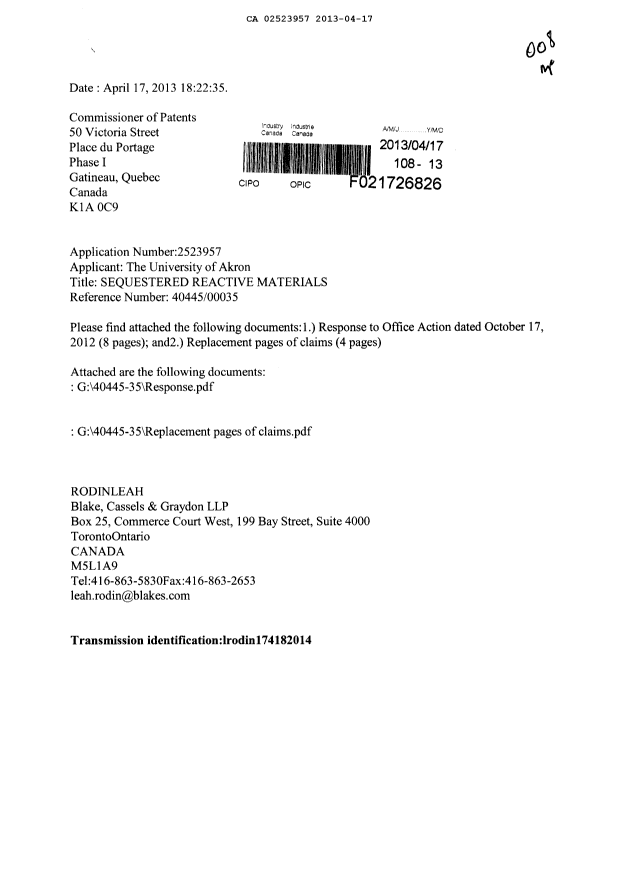 Canadian Patent Document 2523957. Prosecution-Amendment 20130417. Image 1 of 13