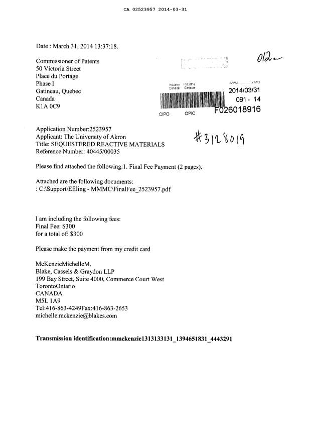 Canadian Patent Document 2523957. Correspondence 20140331. Image 1 of 3