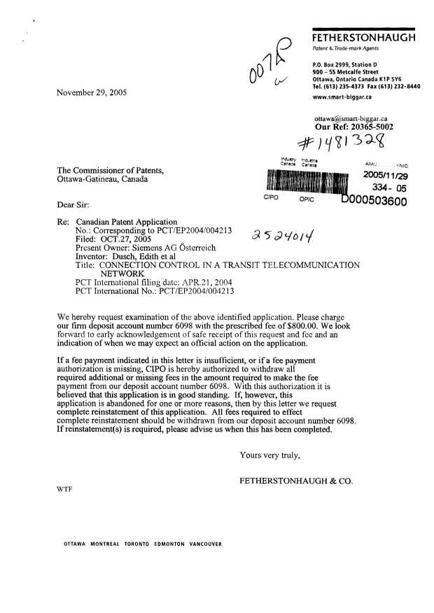Canadian Patent Document 2524014. Prosecution-Amendment 20051129. Image 1 of 1