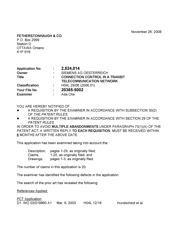 Canadian Patent Document 2524014. Prosecution-Amendment 20081126. Image 1 of 4