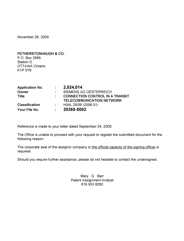 Canadian Patent Document 2524014. Correspondence 20091126. Image 1 of 1