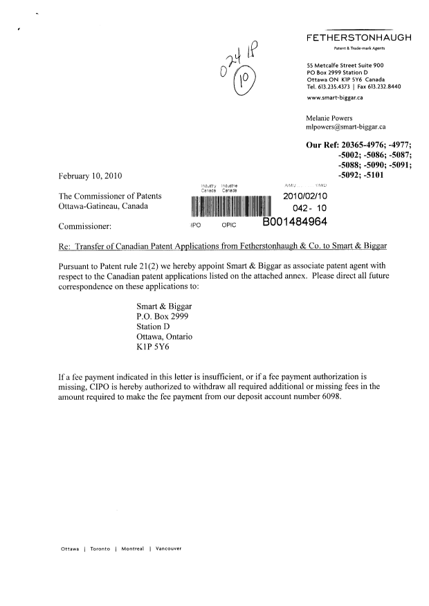 Canadian Patent Document 2524014. Correspondence 20100210. Image 1 of 3