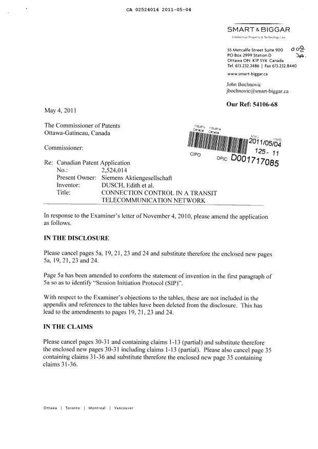 Canadian Patent Document 2524014. Prosecution-Amendment 20110504. Image 1 of 10