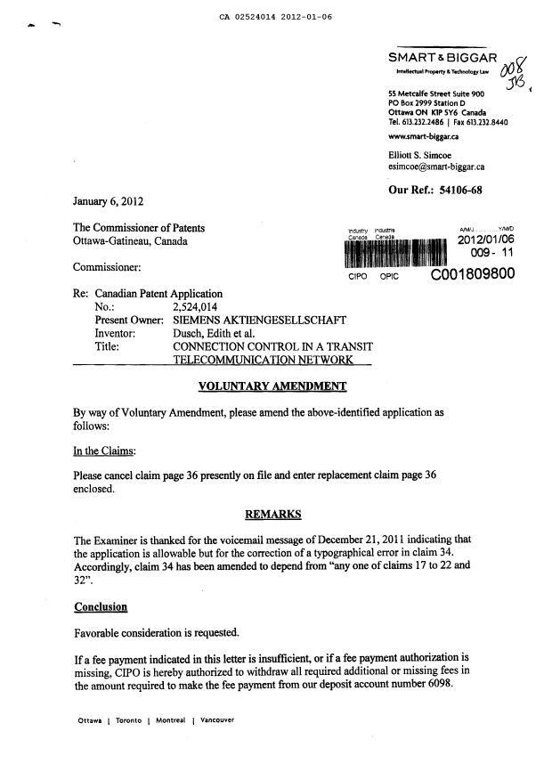 Canadian Patent Document 2524014. Prosecution-Amendment 20120106. Image 1 of 3