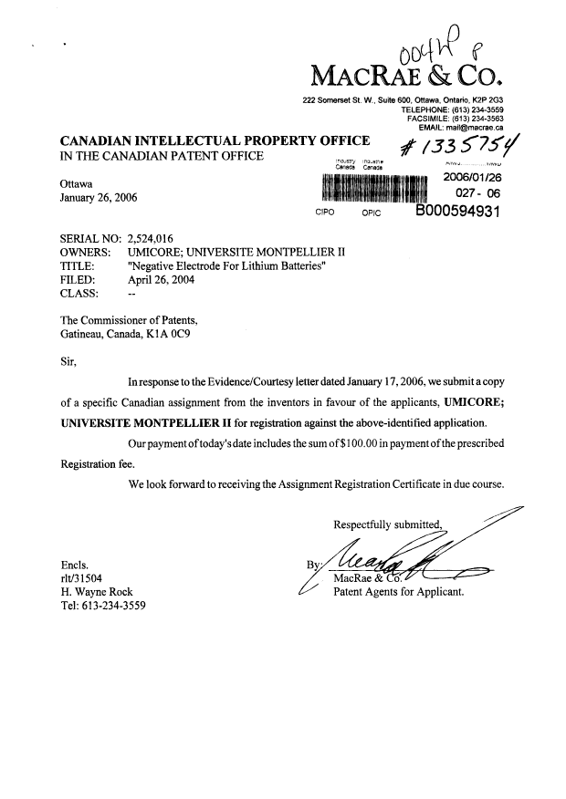Canadian Patent Document 2524016. Assignment 20060126. Image 1 of 2