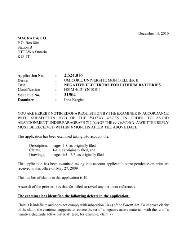 Canadian Patent Document 2524016. Prosecution-Amendment 20101214. Image 1 of 2