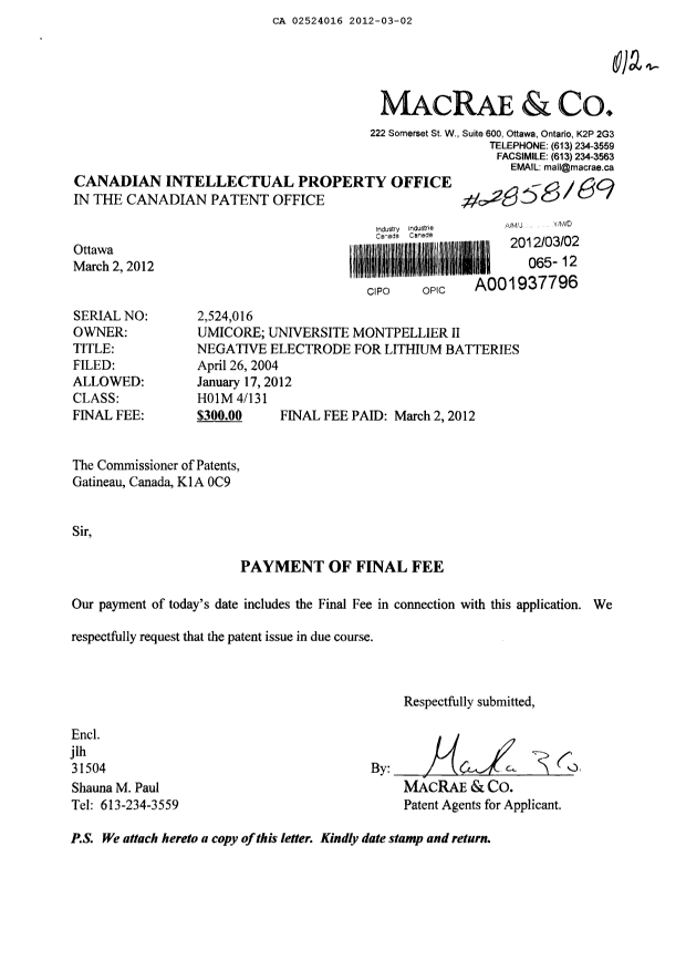 Canadian Patent Document 2524016. Correspondence 20120302. Image 1 of 1