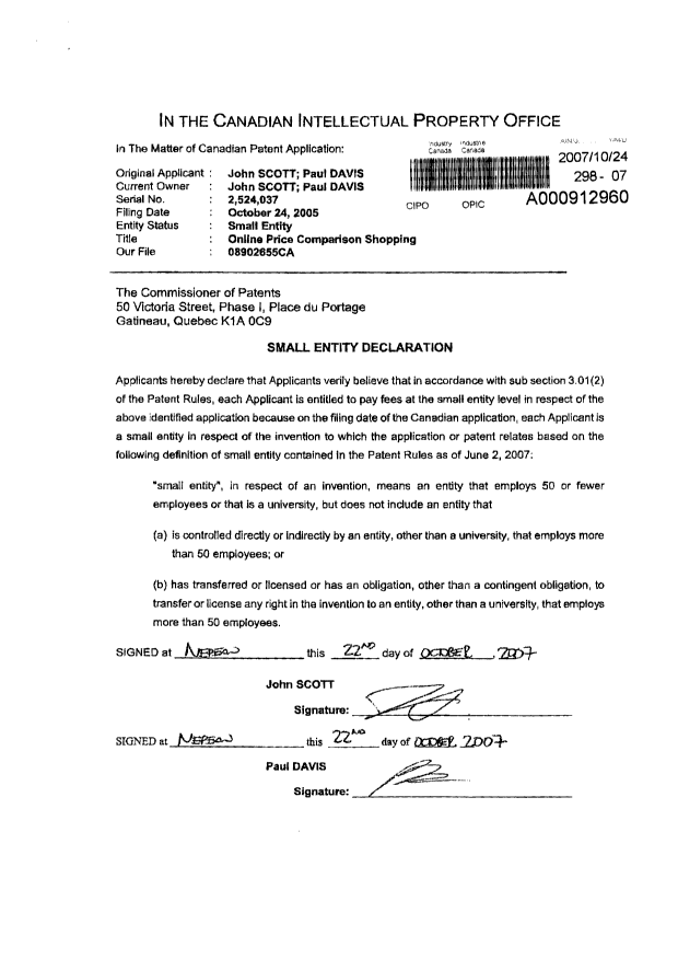 Canadian Patent Document 2524037. Correspondence 20061224. Image 1 of 1