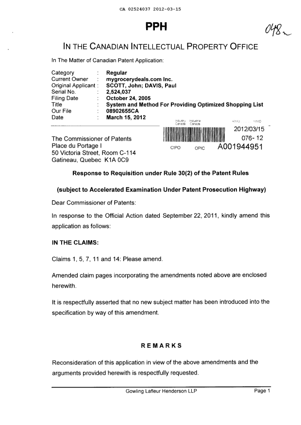 Canadian Patent Document 2524037. Prosecution-Amendment 20111215. Image 1 of 8