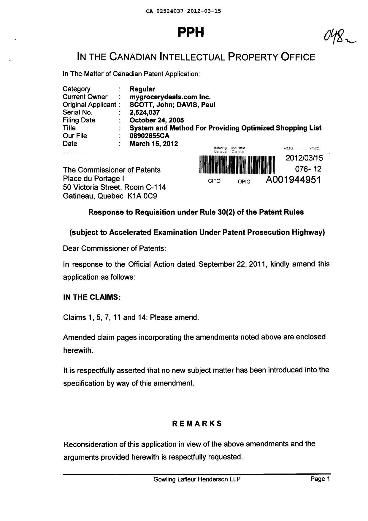 Canadian Patent Document 2524037. Prosecution-Amendment 20111215. Image 1 of 8