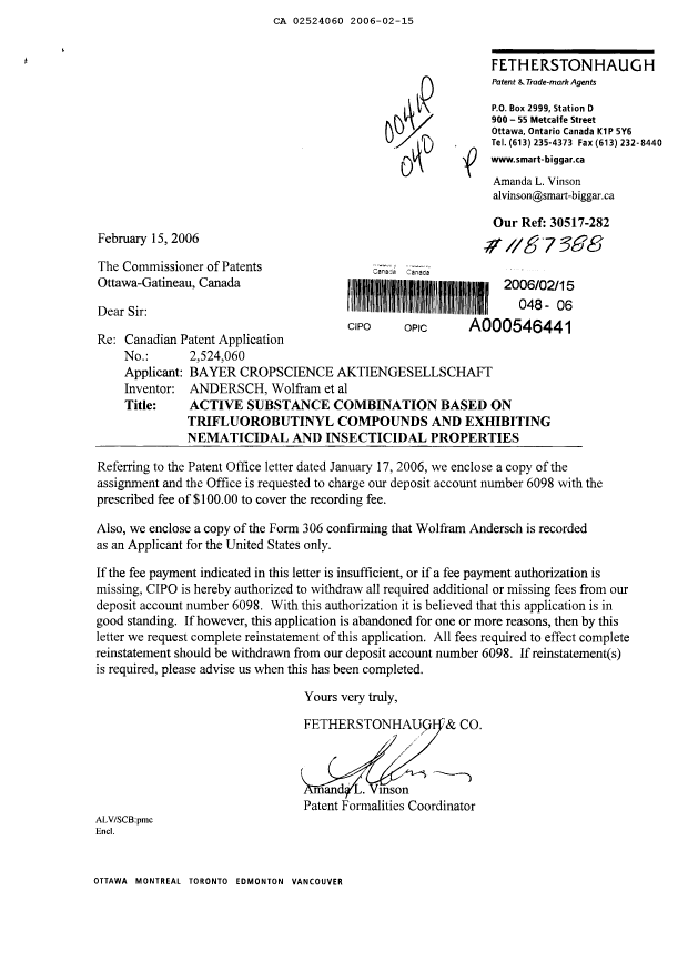 Canadian Patent Document 2524060. Correspondence 20060215. Image 1 of 2