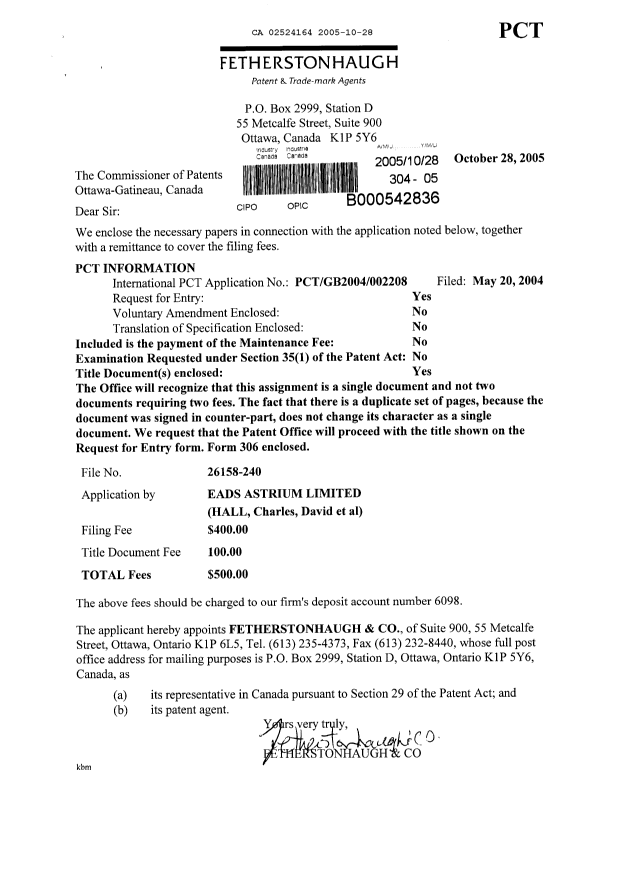 Document de brevet canadien 2524164. Cession 20051028. Image 1 de 5