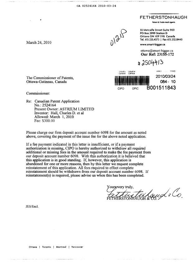 Canadian Patent Document 2524164. Correspondence 20100324. Image 1 of 1