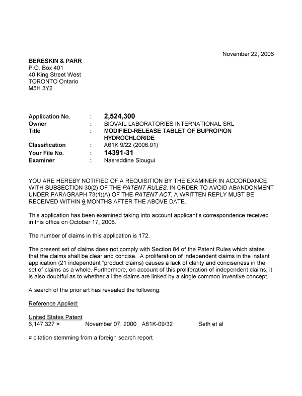Canadian Patent Document 2524300. Prosecution-Amendment 20051222. Image 1 of 3