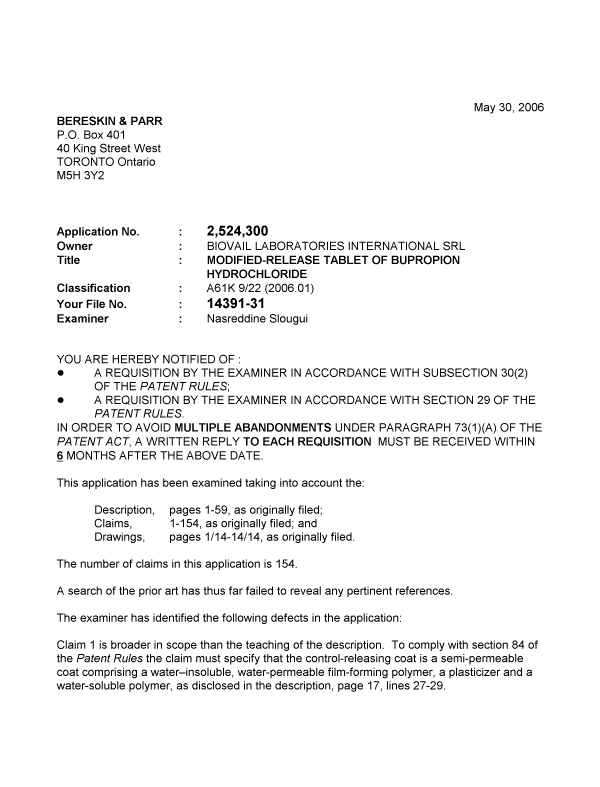 Canadian Patent Document 2524300. Prosecution-Amendment 20051230. Image 1 of 3