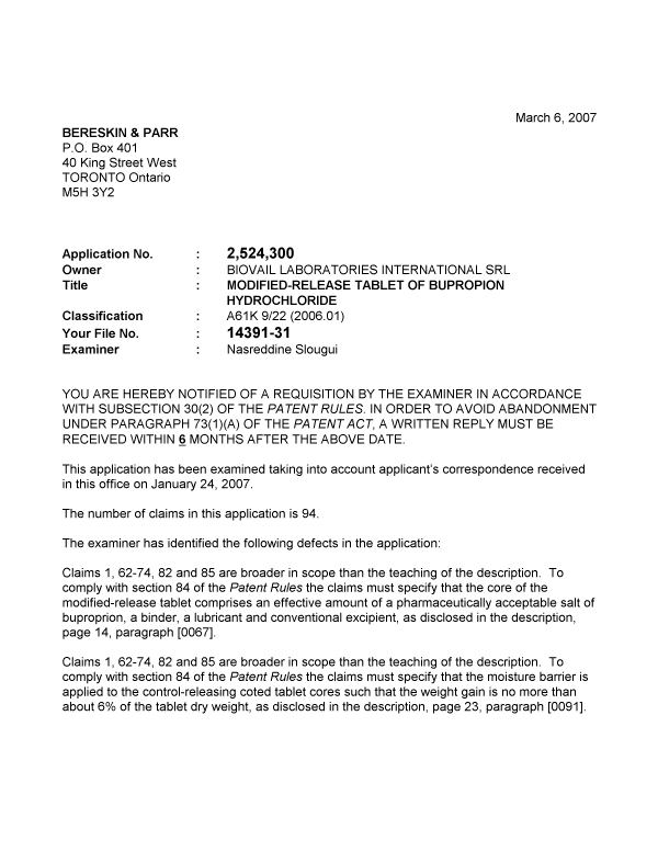 Canadian Patent Document 2524300. Prosecution-Amendment 20061206. Image 1 of 2