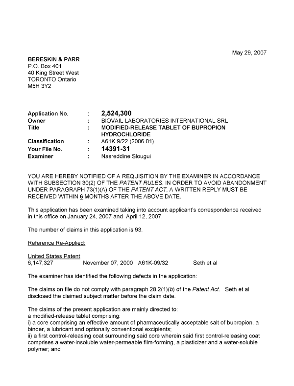 Canadian Patent Document 2524300. Prosecution-Amendment 20061229. Image 1 of 3