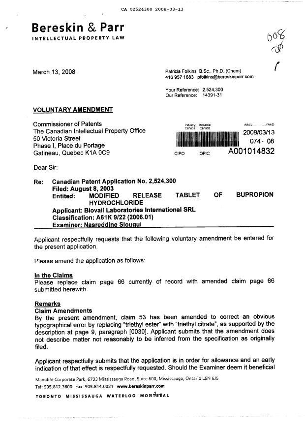 Document de brevet canadien 2524300. Poursuite-Amendment 20071213. Image 1 de 3