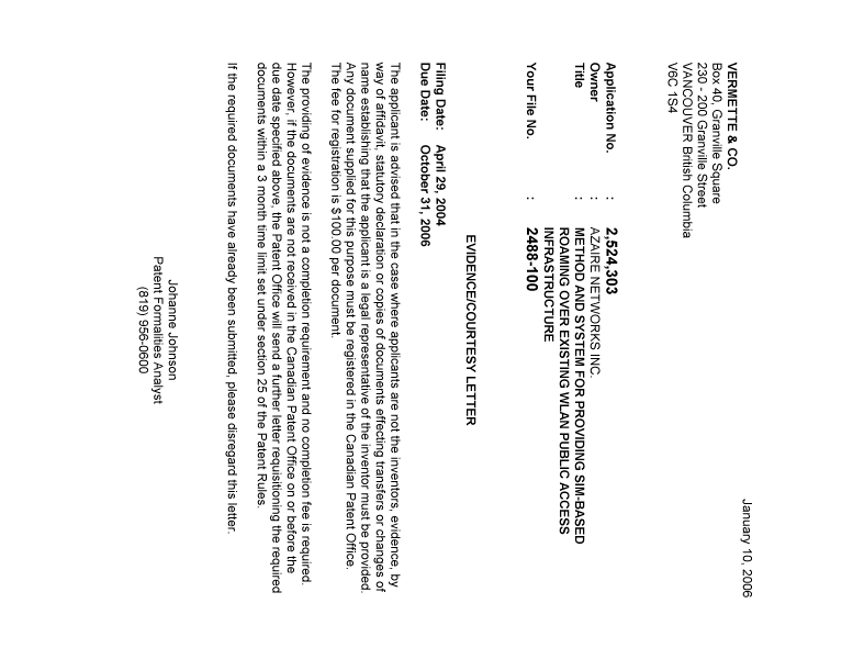 Canadian Patent Document 2524303. Correspondence 20060105. Image 1 of 1