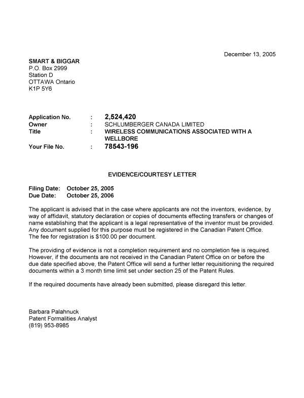 Canadian Patent Document 2524420. Correspondence 20041206. Image 1 of 1