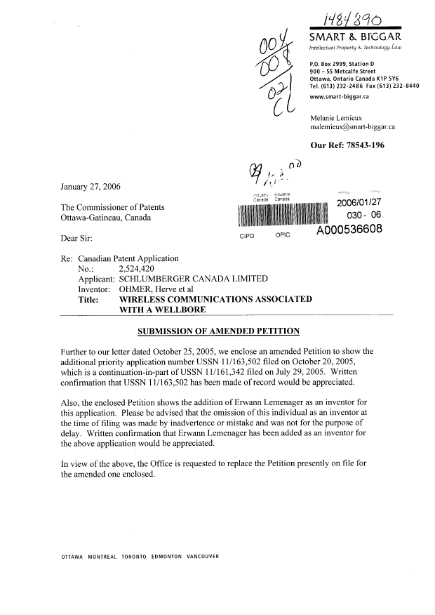 Document de brevet canadien 2524420. Cession 20060127. Image 1 de 11