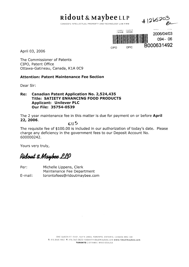 Canadian Patent Document 2524435. Fees 20060403. Image 1 of 1