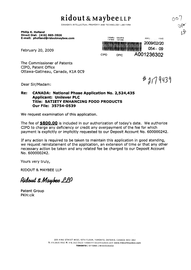 Canadian Patent Document 2524435. Prosecution-Amendment 20090220. Image 1 of 1