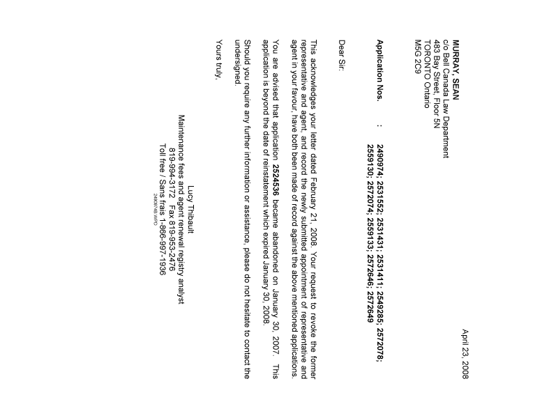 Canadian Patent Document 2524536. Correspondence 20080423. Image 1 of 1