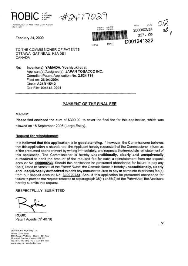 Canadian Patent Document 2524714. Correspondence 20090224. Image 1 of 2