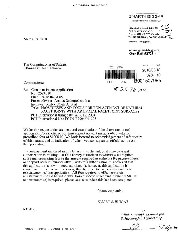 Canadian Patent Document 2524810. Prosecution-Amendment 20091218. Image 1 of 1