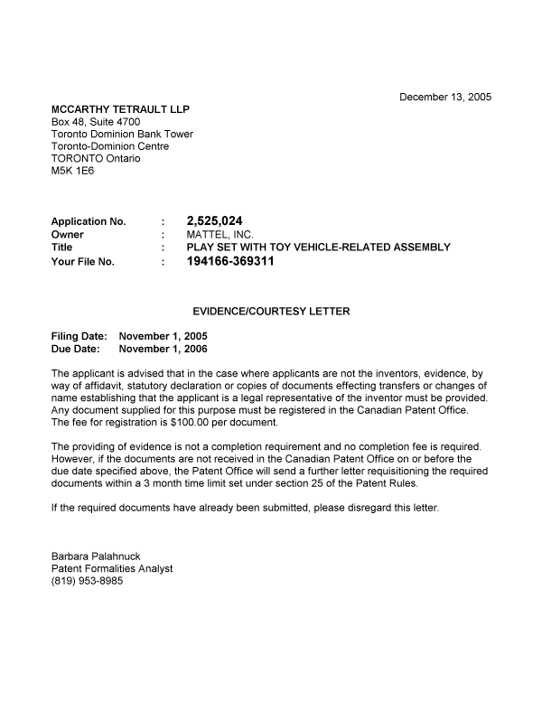 Document de brevet canadien 2525024. Correspondance 20051209. Image 1 de 1