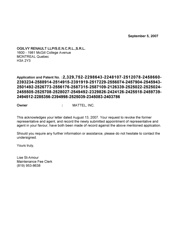 Document de brevet canadien 2525024. Correspondance 20070905. Image 1 de 1